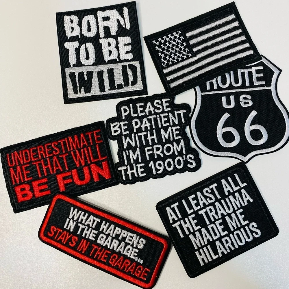 Lot of 7 funny embroidered iron on patches, flag, gift for men, DIY project